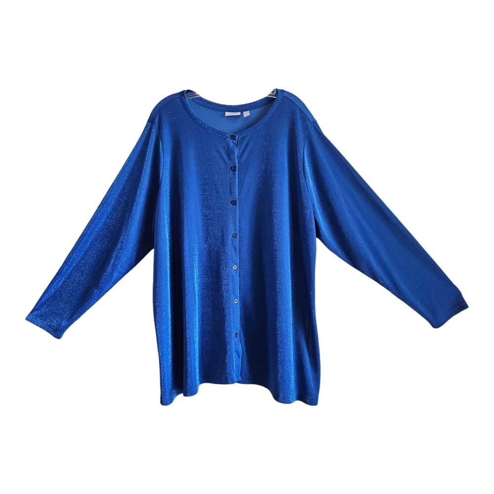 LOGO Layers by Lori Goldstein Women Plus 3X Cardigan Blue Metallic Sparkle 54"